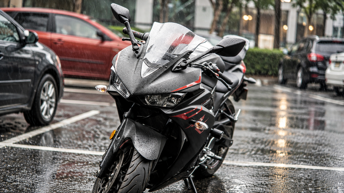 Rain-soaked black-and-red Yamaha sportbike in a wet urban parking area; real motorcycle photograph with the surrounding canvas extended for landscape display