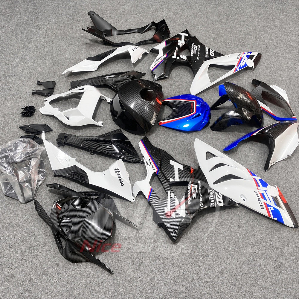 Custom Fairings Fit 2009-2014 BMW S1000RR - ABS Plastic Carbon Fiber Look - White Blue Black with Tank Cover | NiceFairings - side angle image