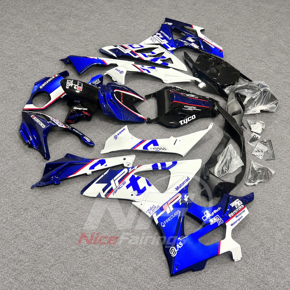Replacement Fairings Fit 2009-2014 BMW S1000RR - Aftermarket ABS Carbon Fiber Look - Blue White Black | NiceFairings - front angle image
