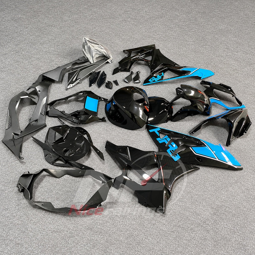 Sportbike Fairing Kit Fits 2009-2014 BMW S1000RR - ABS Fairing Panels - Black Cyan with Tank Cover | NiceFairings - front angle image