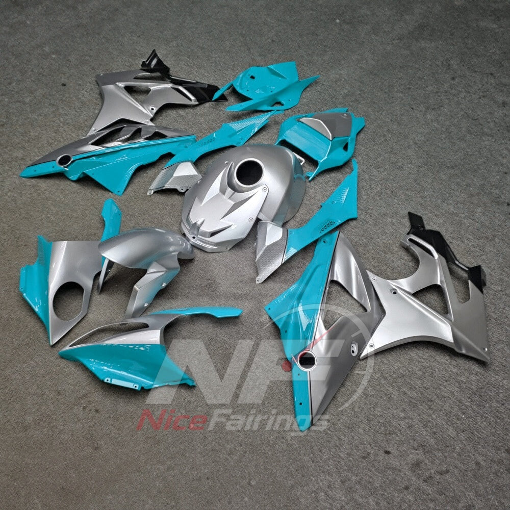 Aftermarket Fairing Kit Fits 2009-2014 BMW S1000RR - Sportbike ABS Bodywork - Cyan Silver with Tank Cover | NiceFairings - front angle image