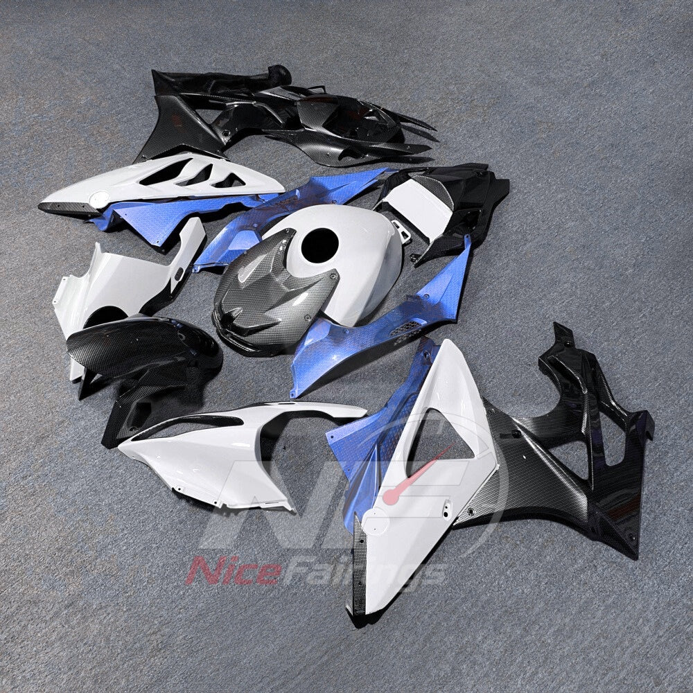 Sportbike Fairing Kit Fits 2009-2014 BMW S1000RR - Injection-Molded ABS Carbon Fiber Look - Blue White Black with Tank Cover | NiceFairings - front angle image