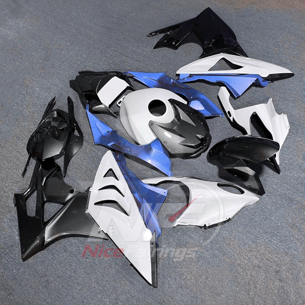 Sportbike Fairing Kit Fits 2009-2014 BMW S1000RR - Injection-Molded ABS Carbon Fiber Look - Blue White Black with Tank Cover | NiceFairings - side angle image