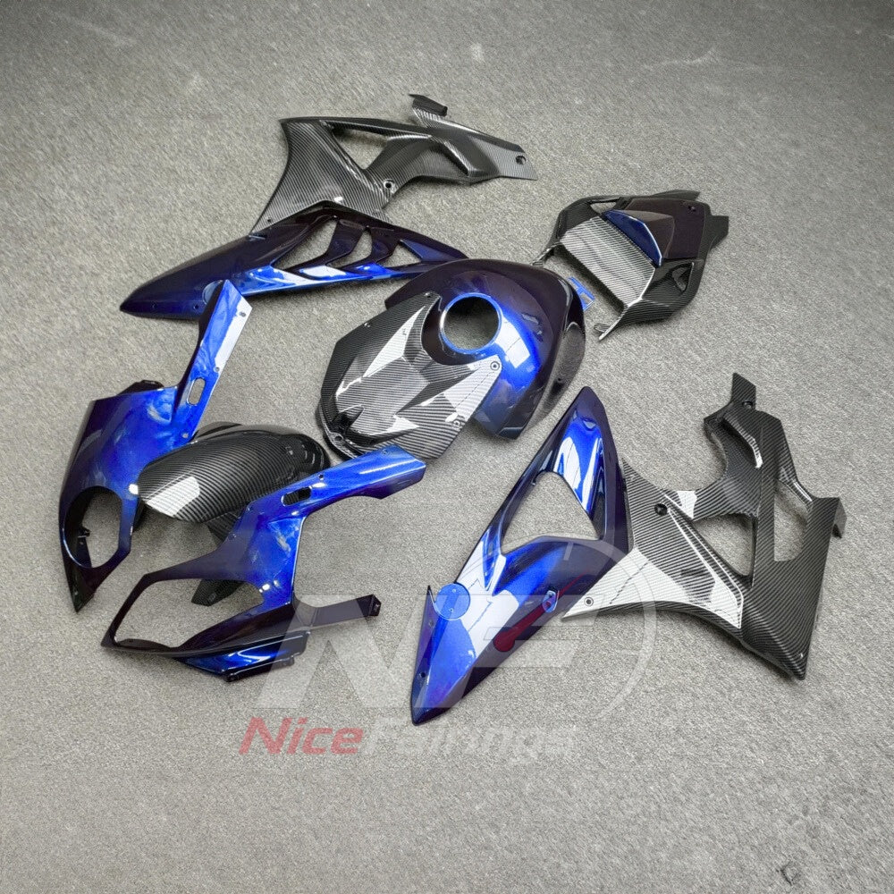 Motorcycle Fairing Kit Fits 2009-2014 BMW S1000RR - Aftermarket ABS Carbon Fiber Look - Blue Silver with Tank Cover | NiceFairings - side angle image
