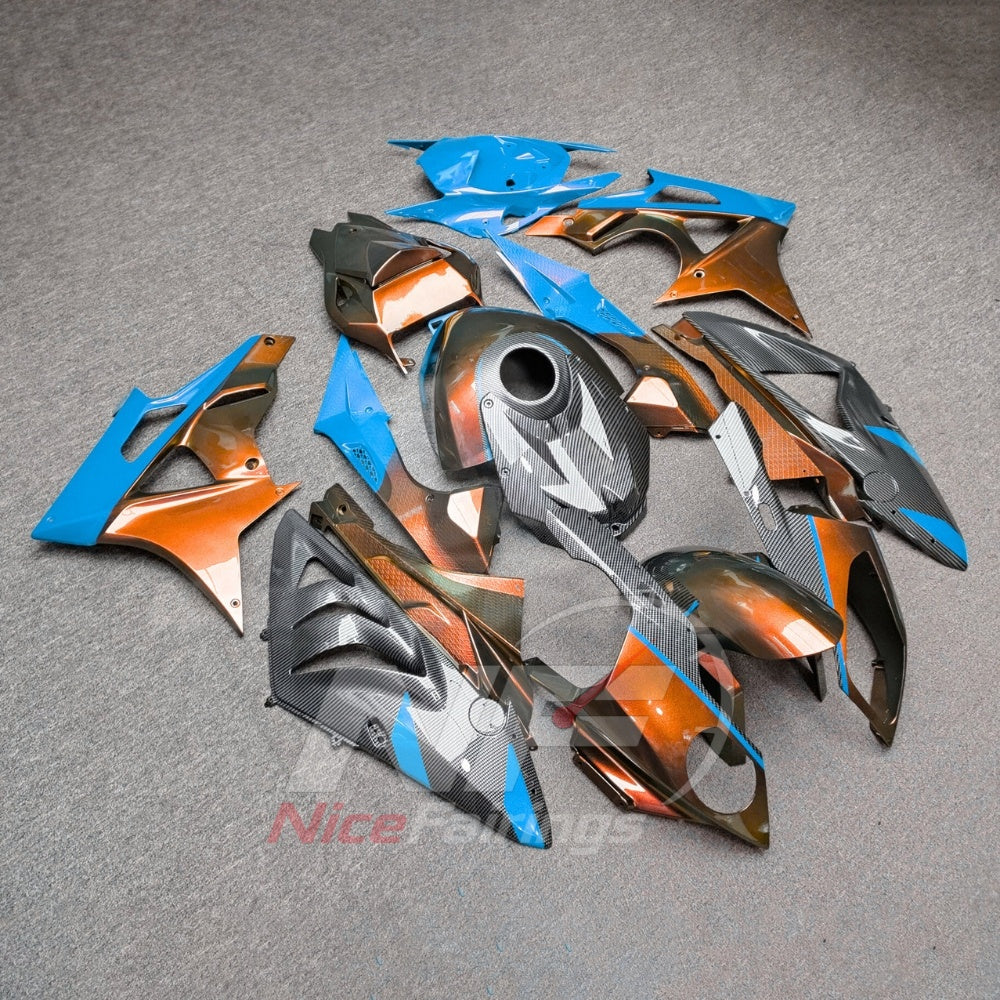 Fairings Kit Fits 2009-2014 BMW S1000RR - Injection-Molded ABS Carbon Fiber Look - Orange Blue with Tank Cover | NiceFairings - front angle image