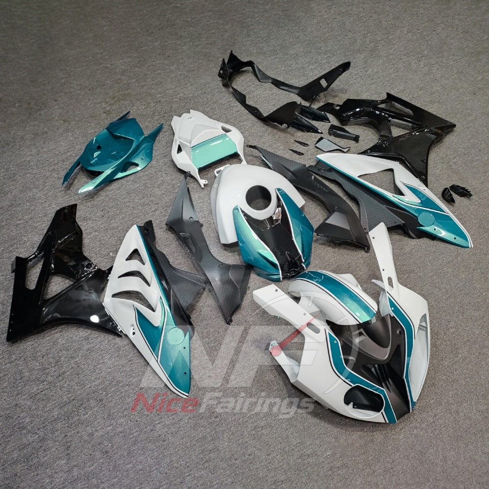 Replacement Fairings Fit 2009-2014 BMW S1000RR - ABS Plastic Fairings - Turquoise White Black with Tank Cover | NiceFairings - side angle image