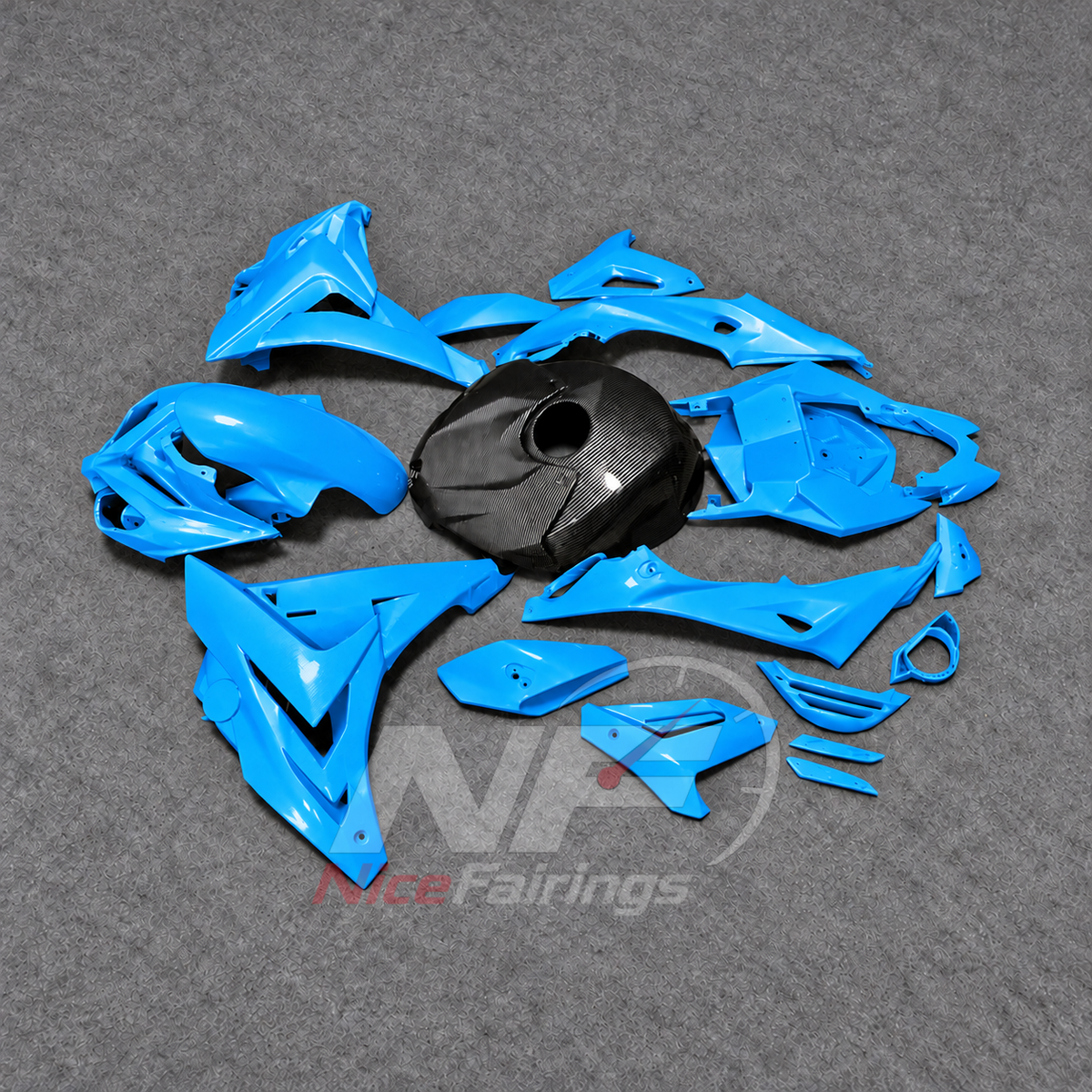 Aftermarket Fairing Kit Fits 2014-2016 BMW S1000R - Carbon Fiber Look Bodywork - Cyan Blue Black with Tank Cover | NiceFairings - front angle image