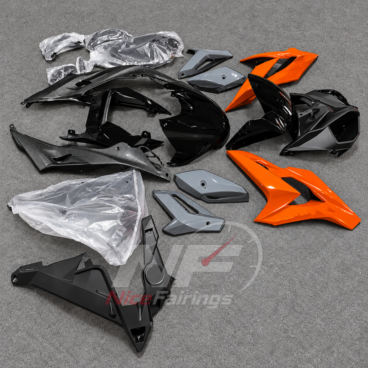 Replacement Fairings Fit 2014-2016 BMW S1000R - Aftermarket ABS Carbon Fiber Look - Orange White | NiceFairings - side angle image