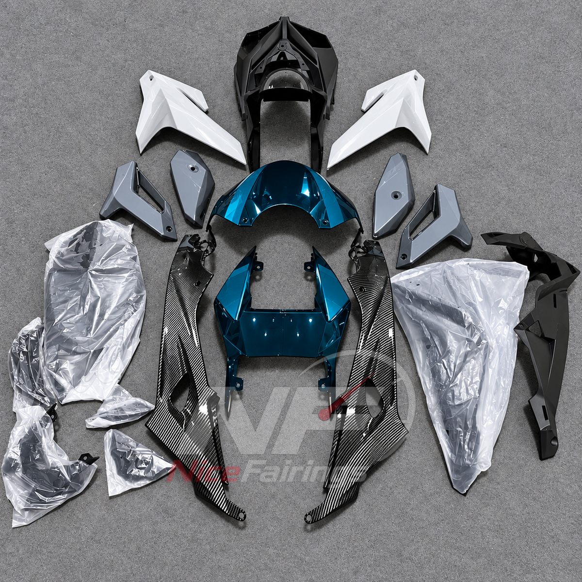 ABS Plastic Fairing Kit Fits 2014-2016 BMW S1000R - Carbon Fiber Look Bodywork - Blue White Teal | NiceFairings - front angle image