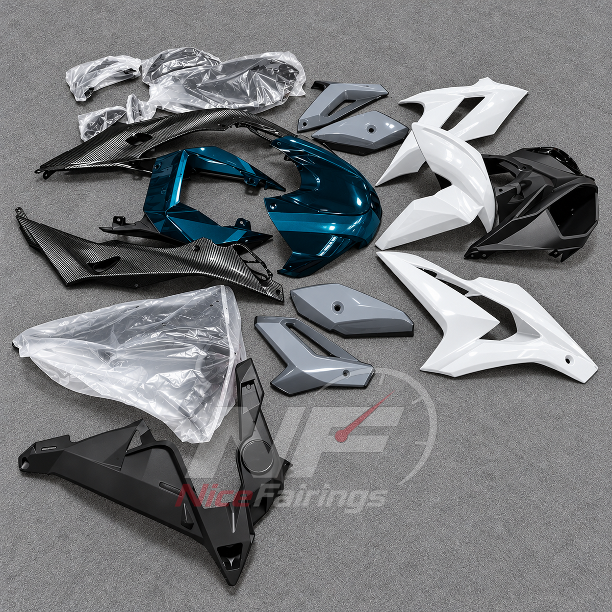 ABS Plastic Fairing Kit Fits 2014-2016 BMW S1000R - Carbon Fiber Look Bodywork - Blue White Teal | NiceFairings - side angle image