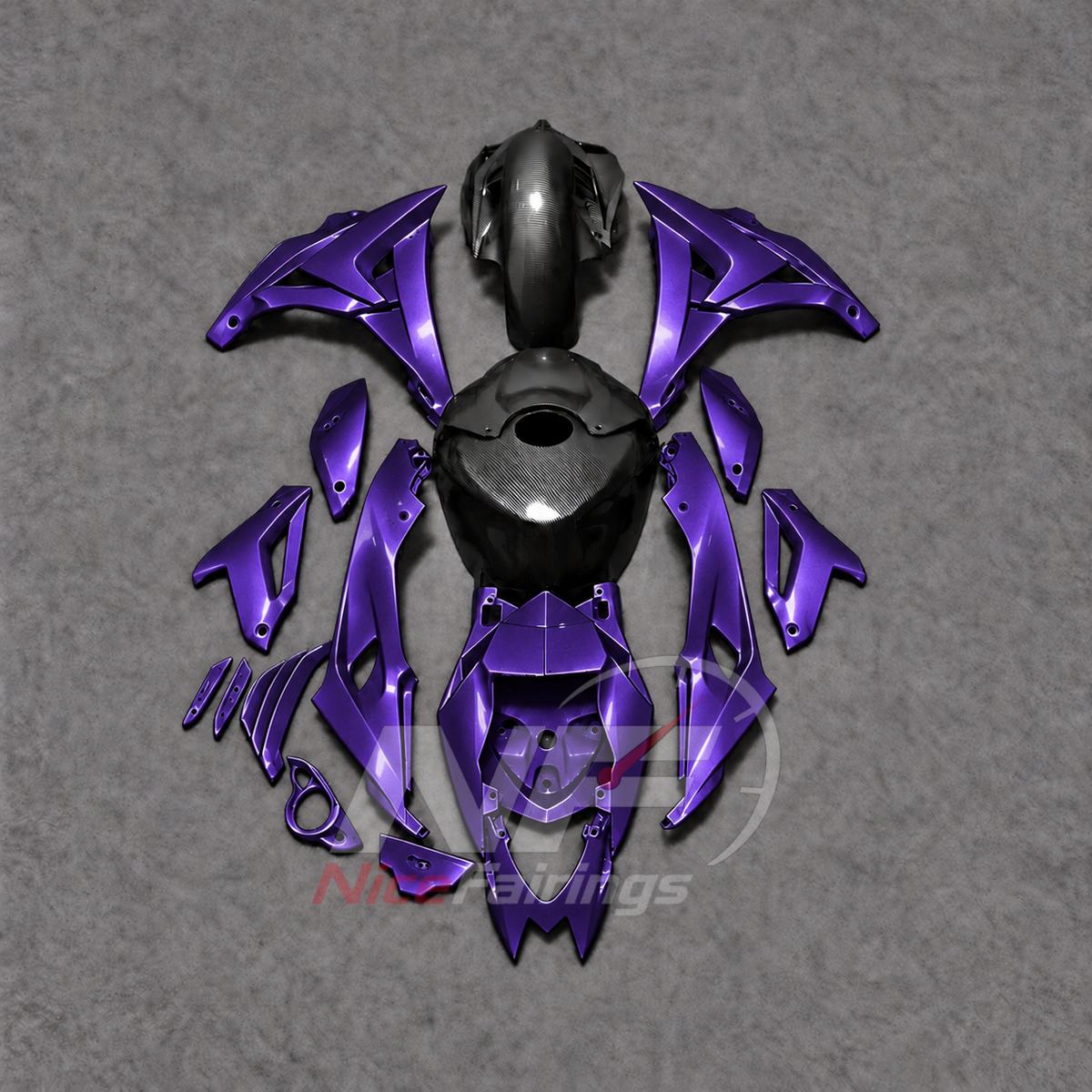 Replacement Fairings Fit 2014-2016 BMW S1000R - Aftermarket ABS Carbon Fiber Look - Purple Side Panels Black with Tank Cover | NiceFairings - front angle image