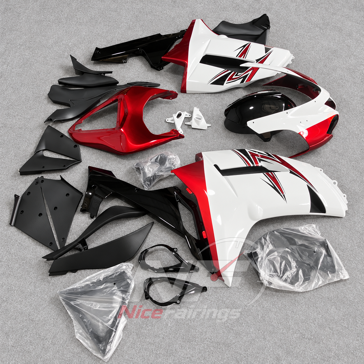 Kawasaki ZX6R 2007-2008 White-red angular layout - angled view