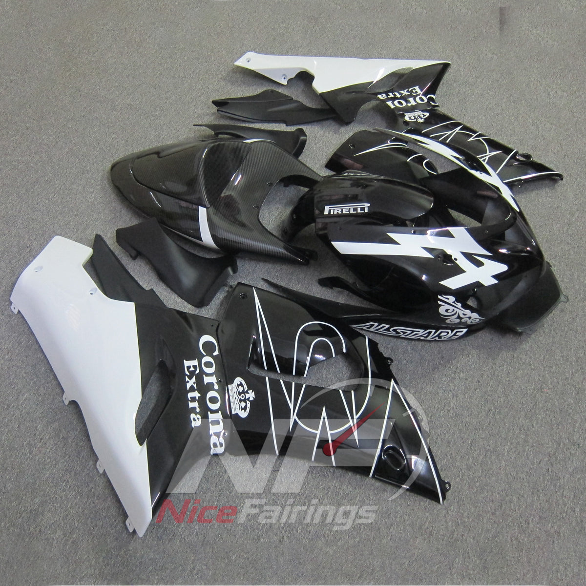 Kawasaki ZX6R 2005-2006 Black white lightning graphics - angled view