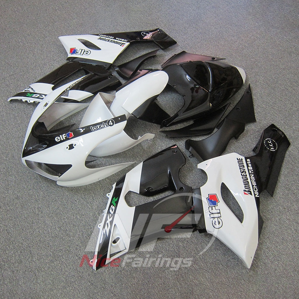 Kawasaki ZX6R 2005-2006 White black printed accents - angled view