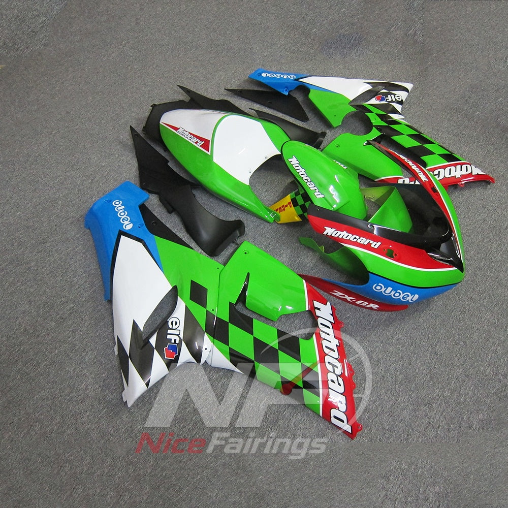 Kawasaki ZX6R 2005-2006 Green checkerboard racing livery - angled view