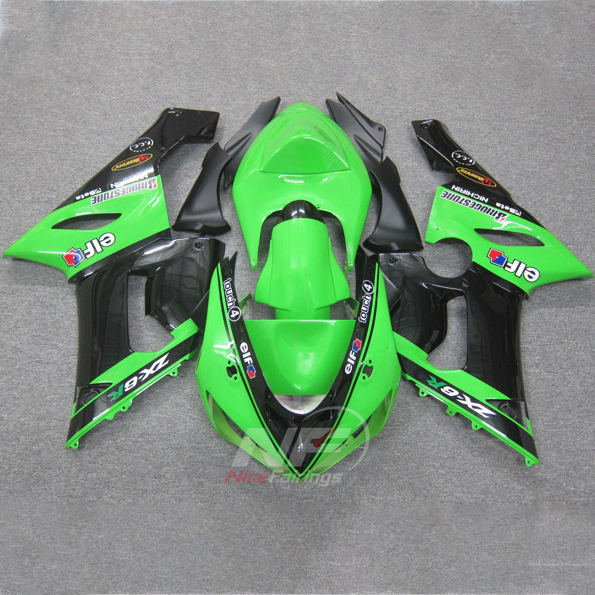Kawasaki ZX6R 2005-2006 Green sponsor-marked panels - front view