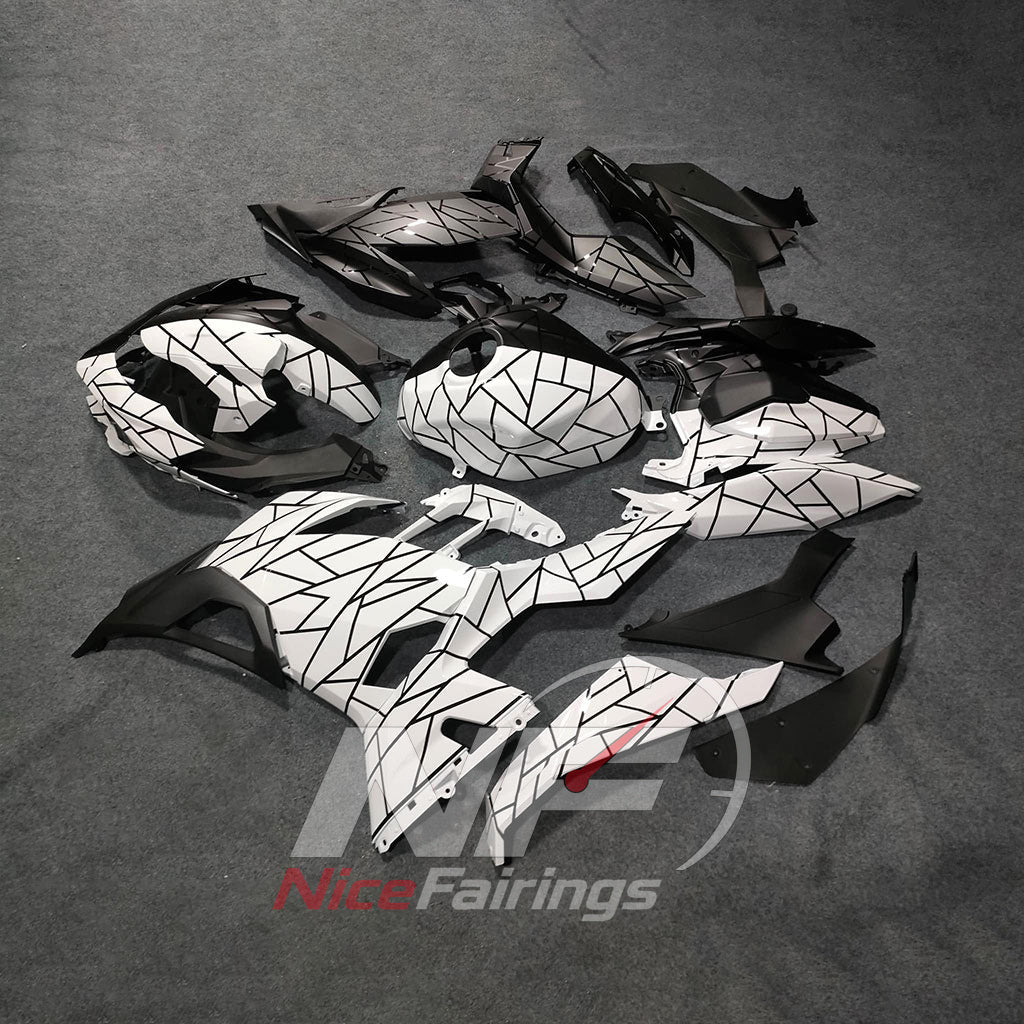 ABS Injection Fairing Kit Fits KAWASAKI Ninja 400 EX400R 2018-2024 - Black White Graphic | NiceFairings - front angle image