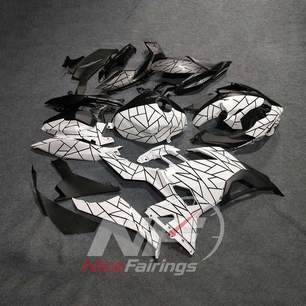 ABS Injection Fairing Kit Fits KAWASAKI Ninja 400 EX400R 2018-2024 - Black White Graphic | NiceFairings - side angle image