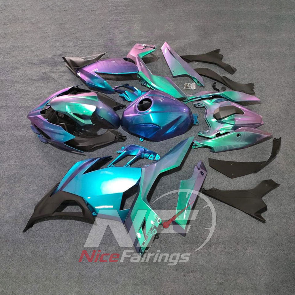 Complete ABS Fairing Panels Kit Fits KAWASAKI Ninja 400 EX400R 2018-2024 - Aqua Purple Graphic | NiceFairings - front angle image