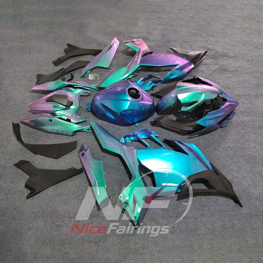 Complete ABS Fairing Panels Kit Fits KAWASAKI Ninja 400 EX400R 2018-2024 - Aqua Purple Graphic | NiceFairings - side angle image