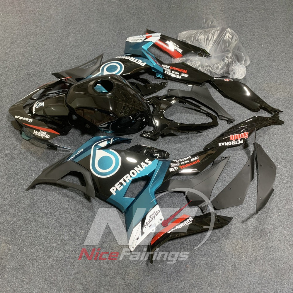 ABS Replacement Cowling Kit Compatible with KAWASAKI Ninja 400 EX400R 2018-2024 - Black Aqua Graphic | NiceFairings - front angle image