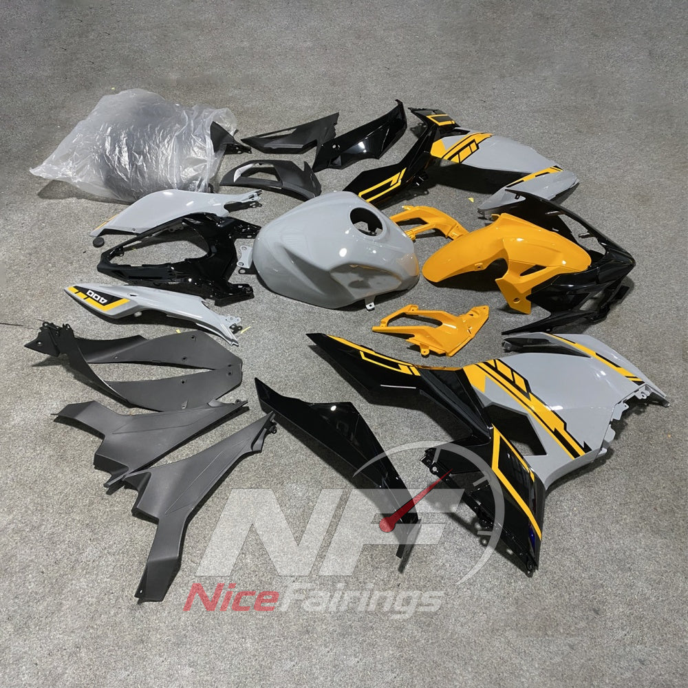 Precision-Fit ABS Fairing Set Compatible with KAWASAKI Ninja 400 EX400R 2018-2024 - Silver Yellow Graphic | NiceFairings - front angle image