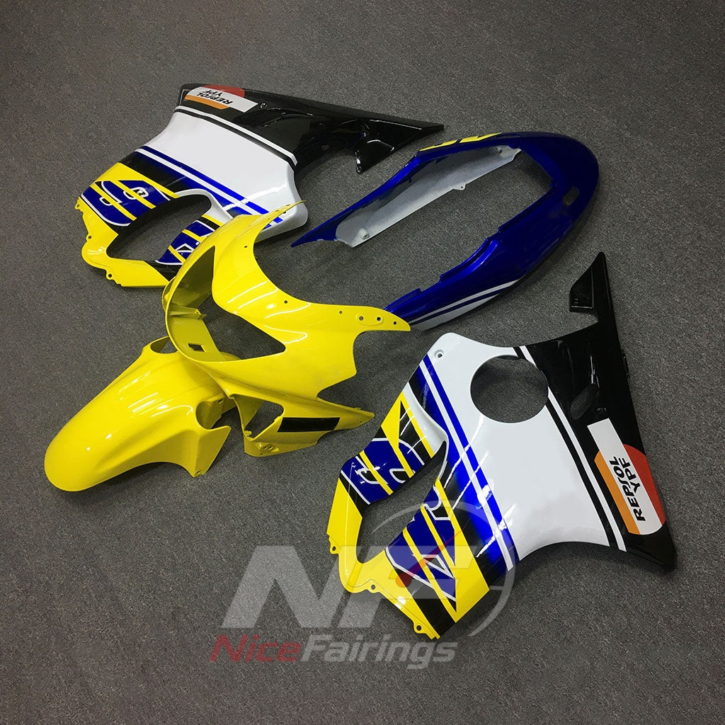 Fairing Kit Fits 1999-2000 HONDA CBR600 F4 - ABS Plastic - Yellow Blue White | NiceFairings - front angle image