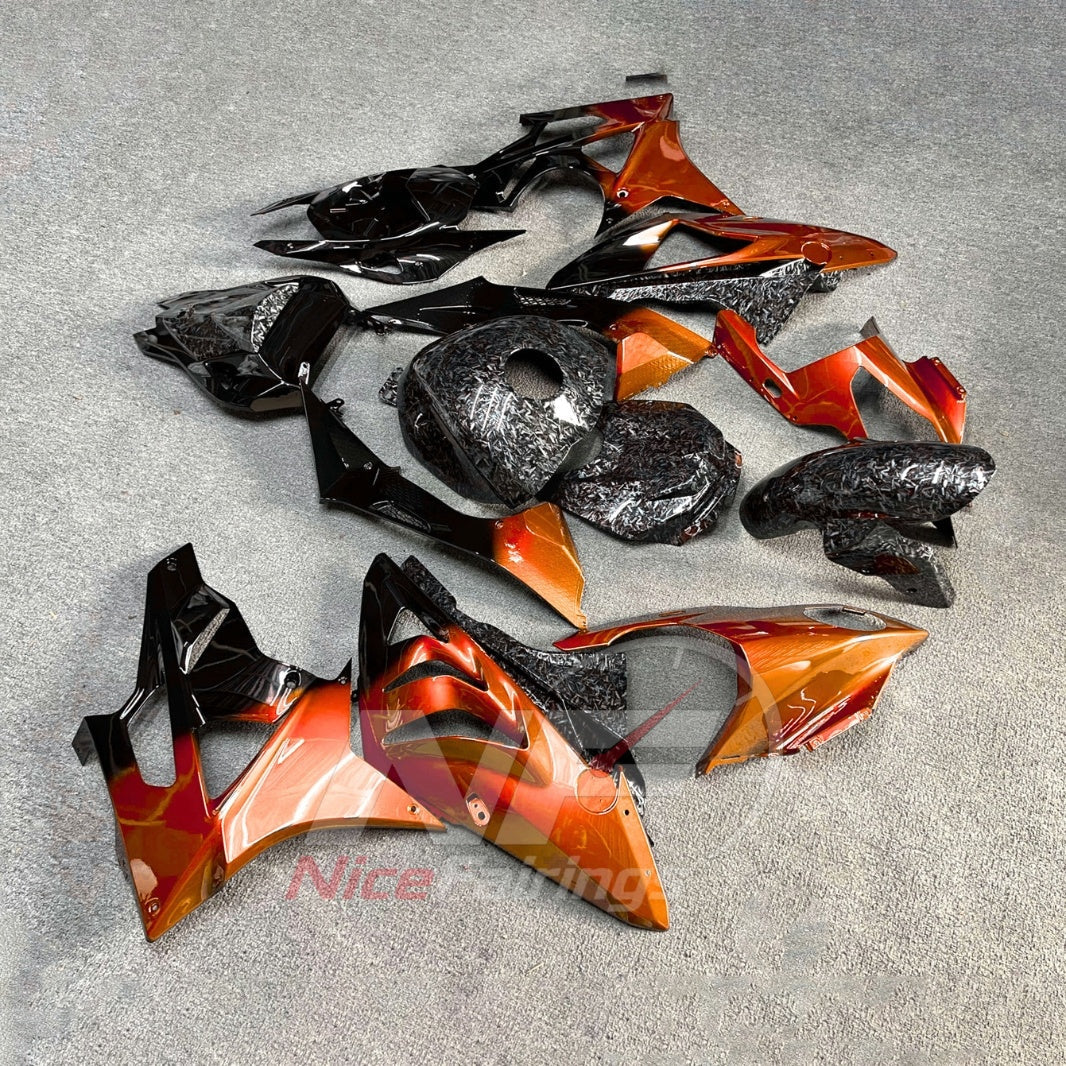 ABS Plastic Fairing Kit Fits 2009-2014 BMW S1000RR - Carbon Fiber Look Bodywork - Orange Black with Tank Cover | NiceFairings - side angle image