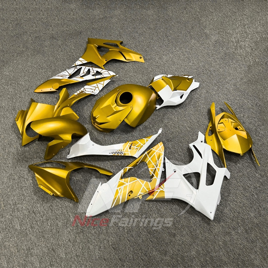 Fairing Kit Fits 2009-2014 BMW S1000RR - ABS Plastic Bodywork - Gold White with Tank Cover | NiceFairings - front angle image