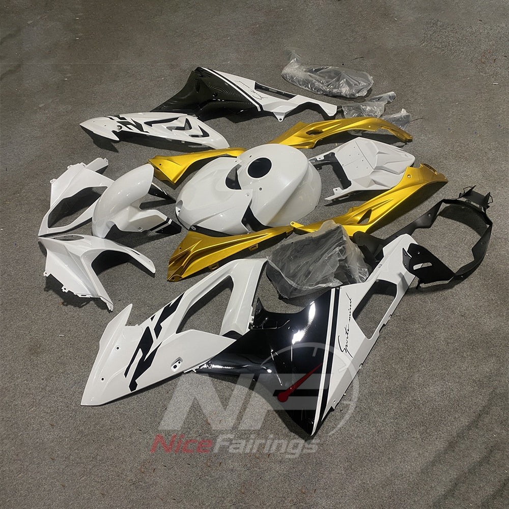 Custom Fairings Fit 2015-2016 BMW S1000RR - White Gold Black - Tank and Tail Covers Included - Injection-Molded ABS Plastic | NiceFairings - side angle image