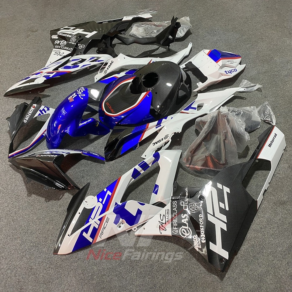 Custom Fairings Fit 2015-2016 BMW S1000RR - White Blue Black Carbon Fiber Look - ABS Plastic Bodywork | NiceFairings - side angle image
