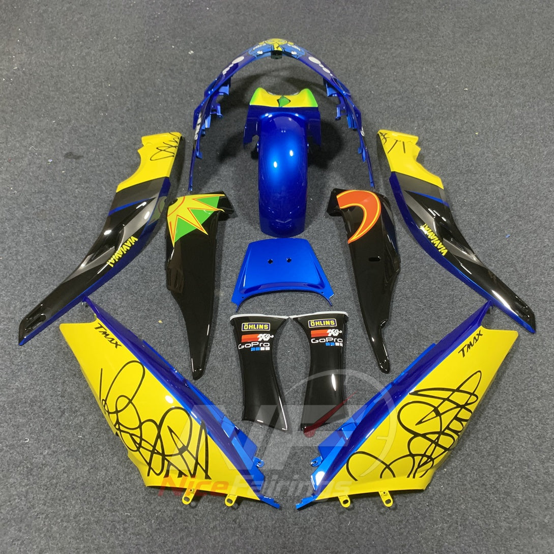 Scooter Fairing Kit Fits 2001-2007 YAMAHA TMAX500 (T-MAX500) - Aftermarket ABS Panels - Blue Yellow Graphic | NiceFairings - front angle image