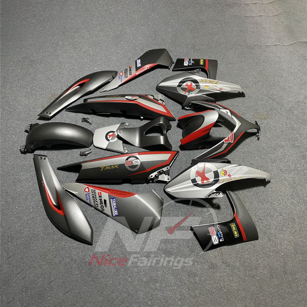 Fairings Kit Fits 2008-2011 YAMAHA TMAX500 (TMAX-500) - Custom-Painted ABS Bodywork - Silver Red Black | NiceFairings - front angle image