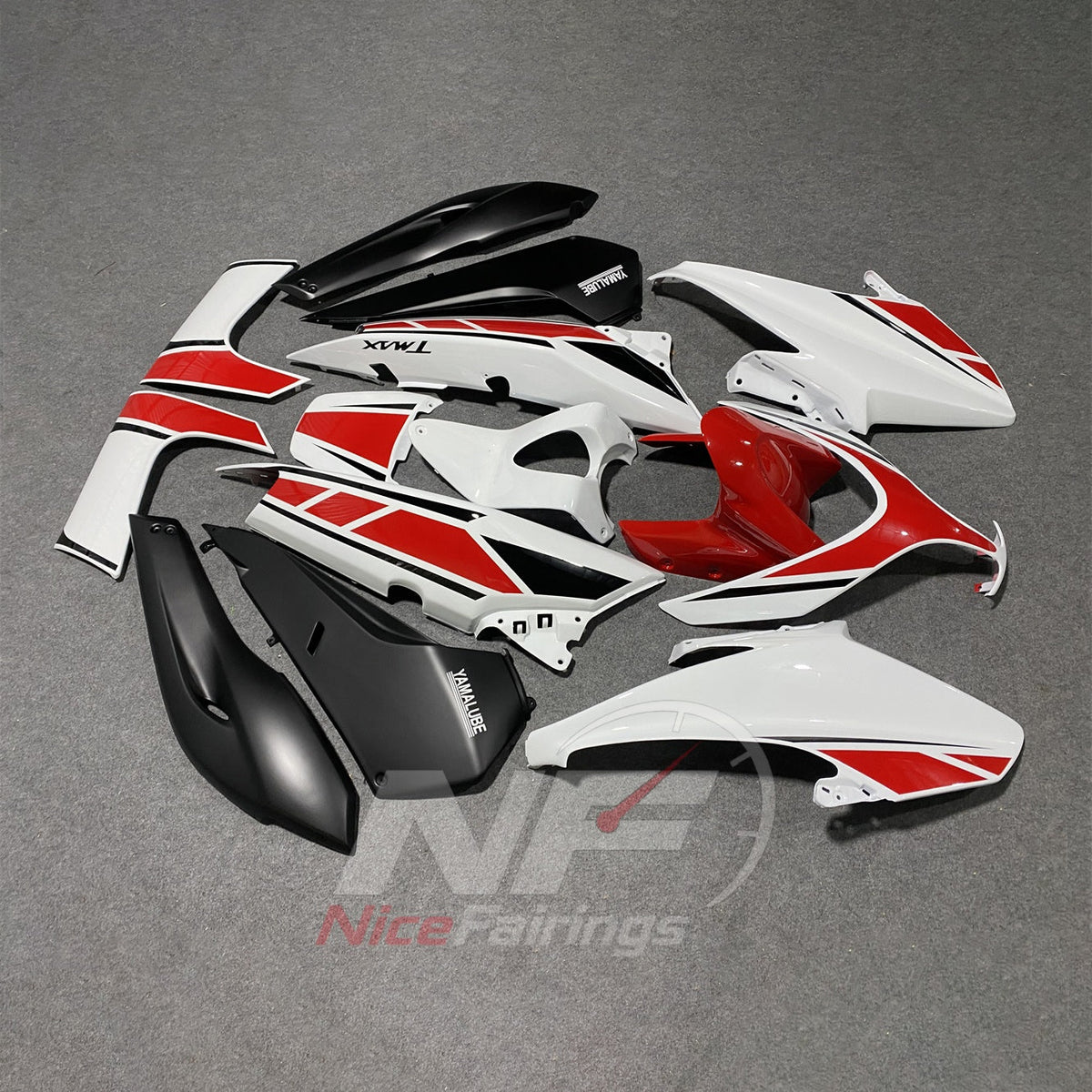 Custom Fairings Fit 2008-2011 YAMAHA TMAX500 - ABS Fairing Panels - White Red Black Racing | NiceFairings - front angle image
