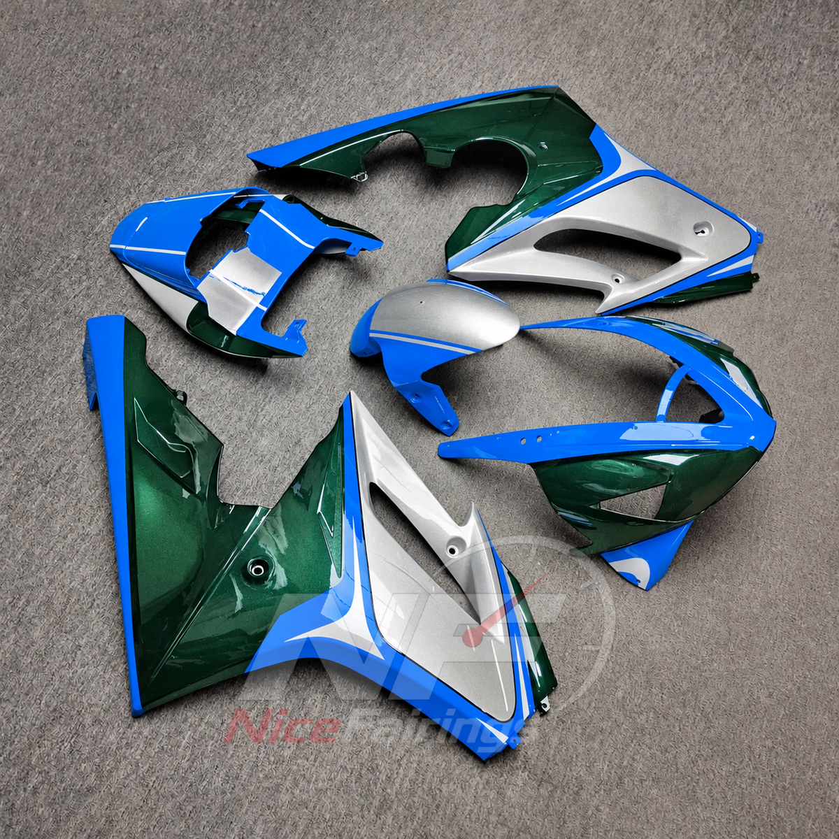 Sportbike Fairing Kit Fits 2006-2008 TRIUMPH Daytona 675 - ABS Plastic Bodywork - Blue Silver Green | NiceFairings - front angle image