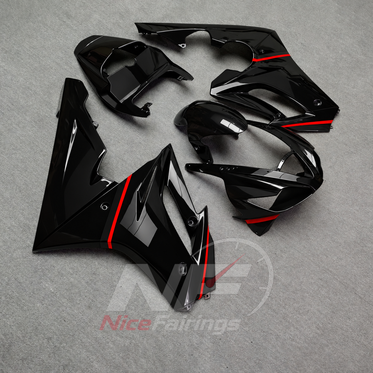 ABS Plastic Fairing Kit Fits 2006-2008 TRIUMPH Daytona 675 - Sportbike Bodywork - Black Red Accent | NiceFairings - side angle image