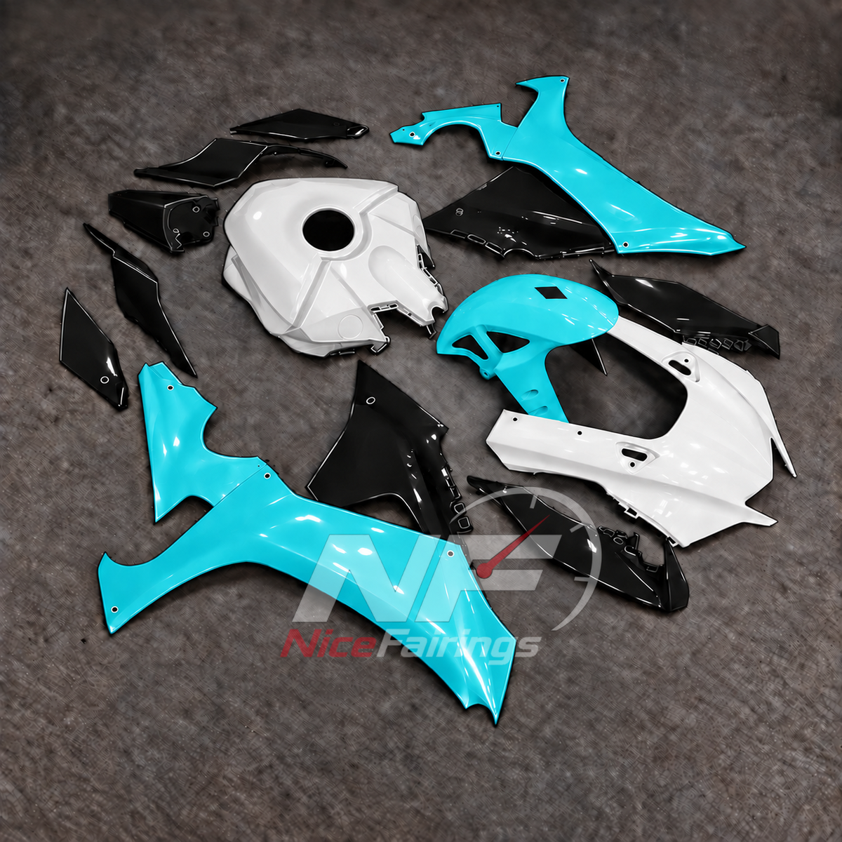 For Yamaha YZFR1 RN65 2020-2025 Turquoise White Fairings Kit | NiceFairings - side angle image