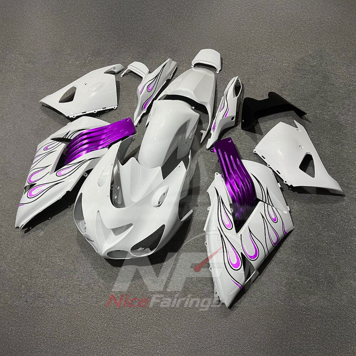 Sportbike Fairing Kit Fits 2006-2011 KAWASAKI Ninja ZX-14 / ZZR1400 - ABS Plastic Bodywork - White Purple | NiceFairings - front angle image