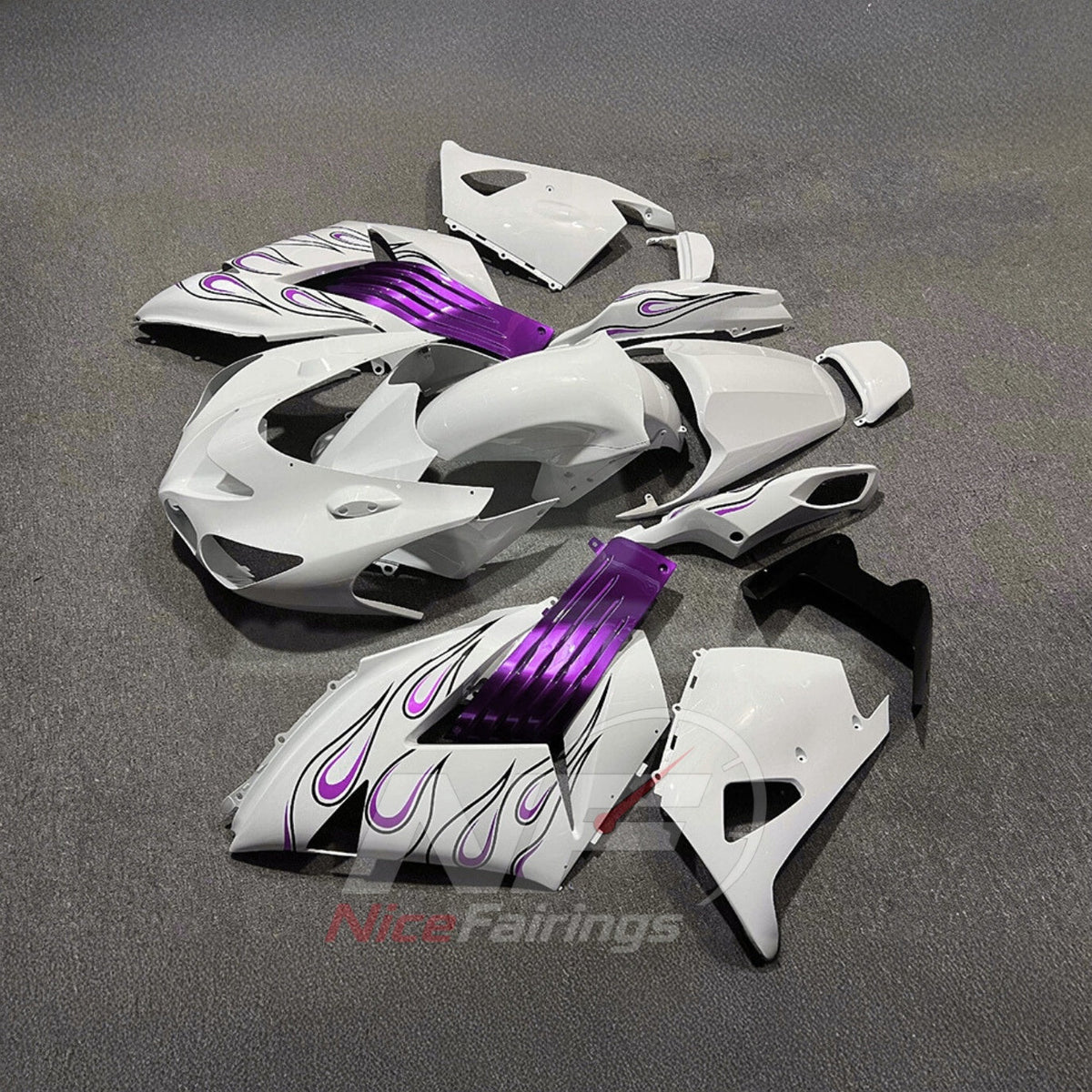 Sportbike Fairing Kit Fits 2006-2011 KAWASAKI Ninja ZX-14 / ZZR1400 - ABS Plastic Bodywork - White Purple | NiceFairings - side angle image