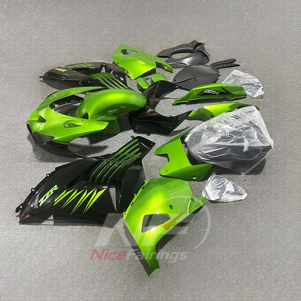 Motorcycle Fairing Kit Fits 2006-2011 KAWASAKI Ninja ZX-14 / ZZR1400 - ABS Plastic Bodywork - Green Black Silver | NiceFairings - front angle image