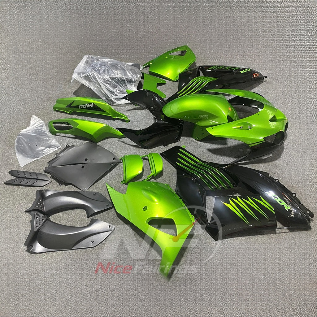 Motorcycle Fairing Kit Fits 2006-2011 KAWASAKI Ninja ZX-14 / ZZR1400 - ABS Plastic Bodywork - Green Black Silver | NiceFairings - side angle image