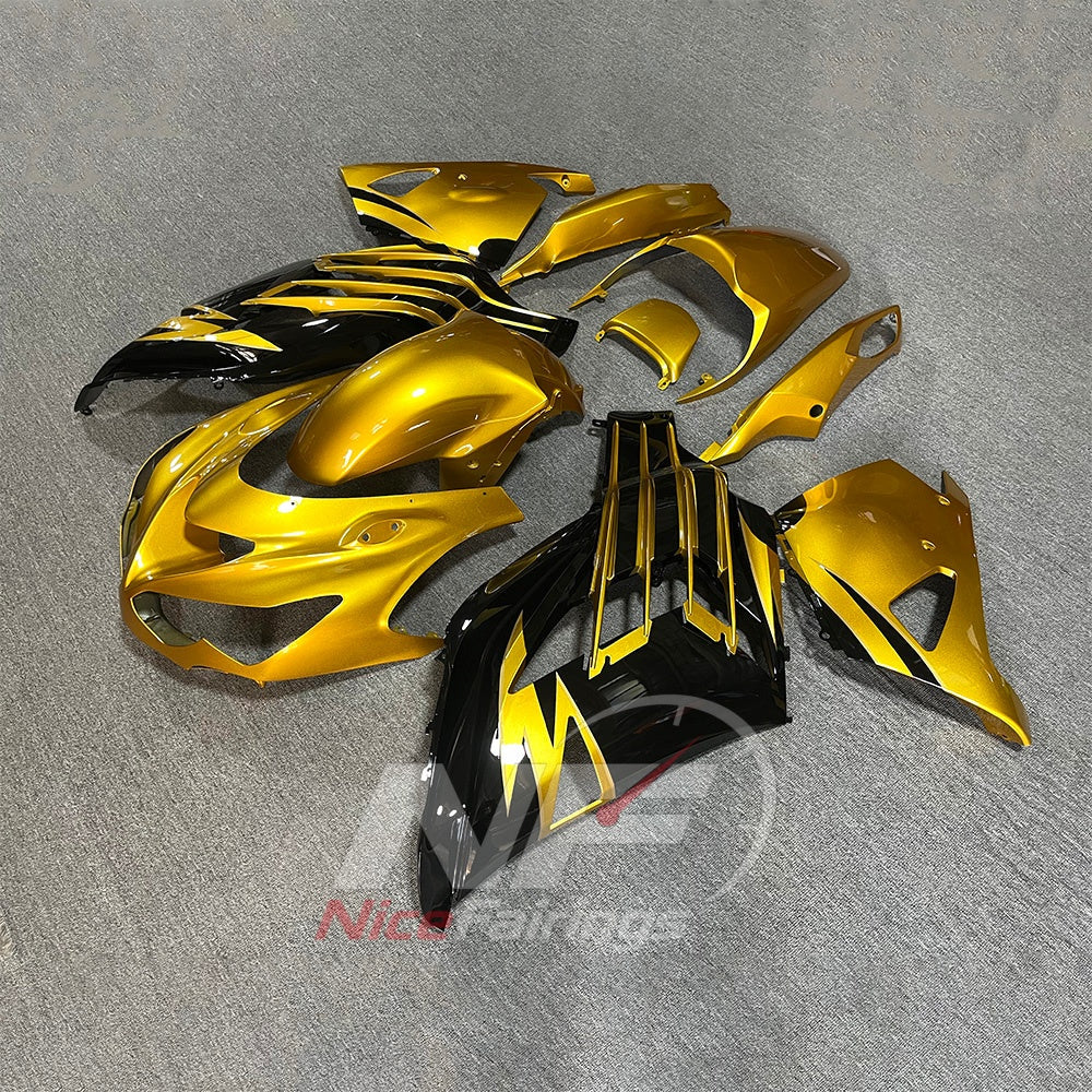 Custom Fairings Fit 2012-2025 KAWASAKI Ninja ZX-14R / ZZR1400 - ABS Plastic Bodywork - Gold Black | NiceFairings - side angle image