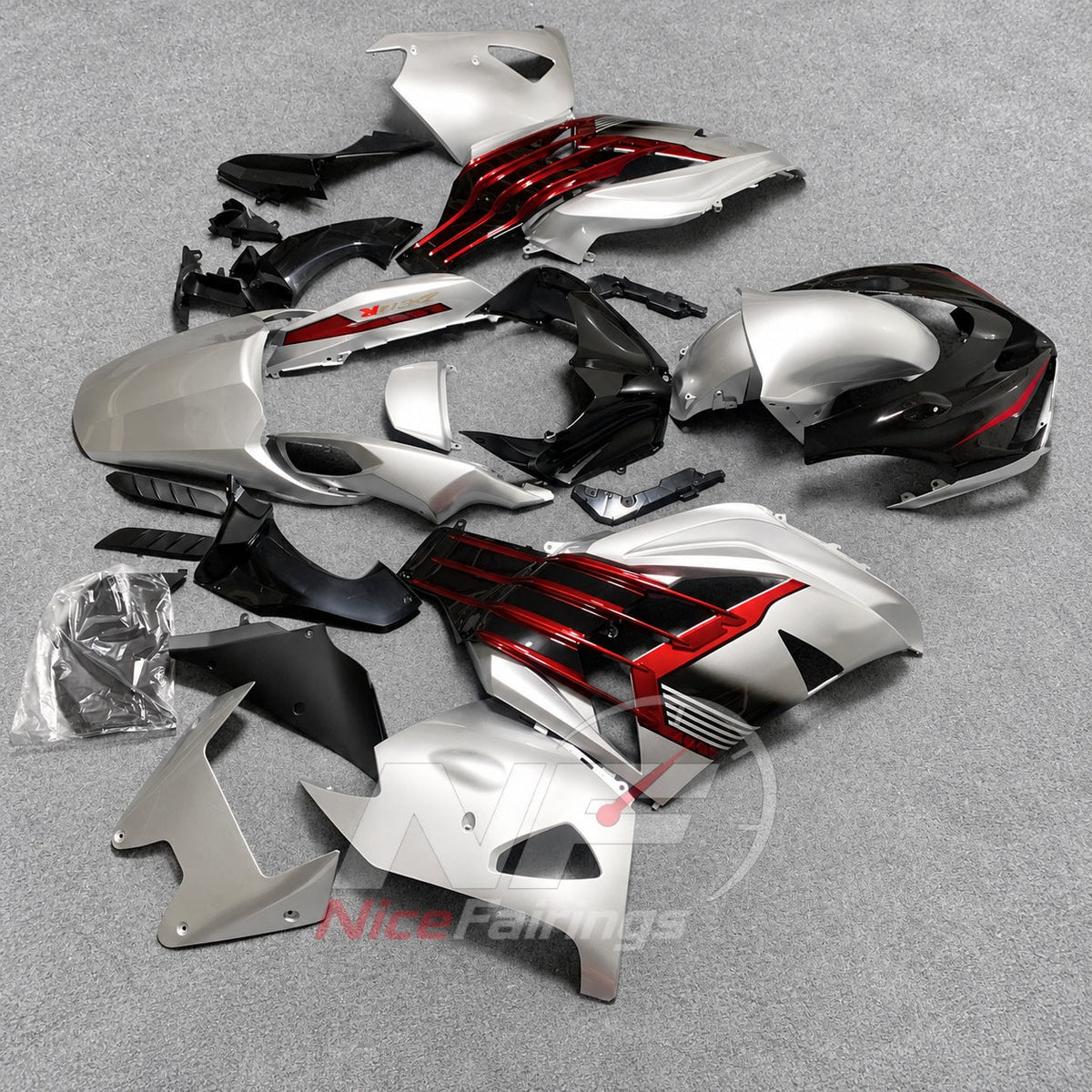 Replacement Fairings Fit 2012-2025 KAWASAKI Ninja ZX-14R / ZZR1400 - ABS Plastic Bodywork - Silver Black Red | NiceFairings - side angle image