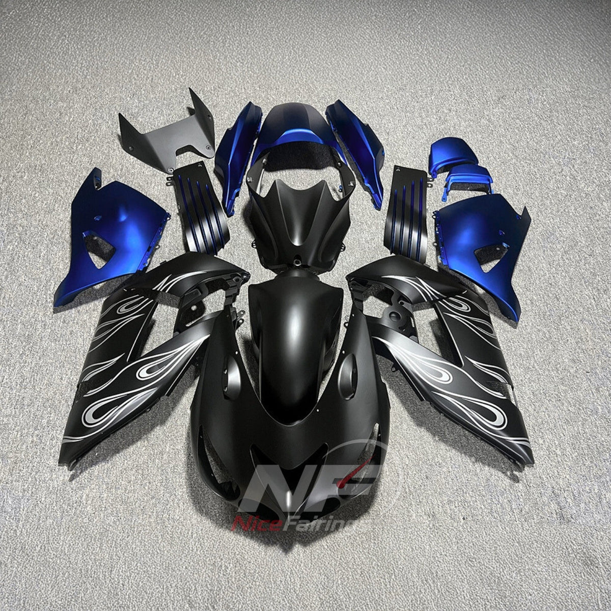 Aftermarket Fairing Kit Fits 2006-2011 KAWASAKI Ninja ZX-14 / ZZR1400 - ABS Plastic Bodywork - Black White | NiceFairings - paint design NO.6 option image