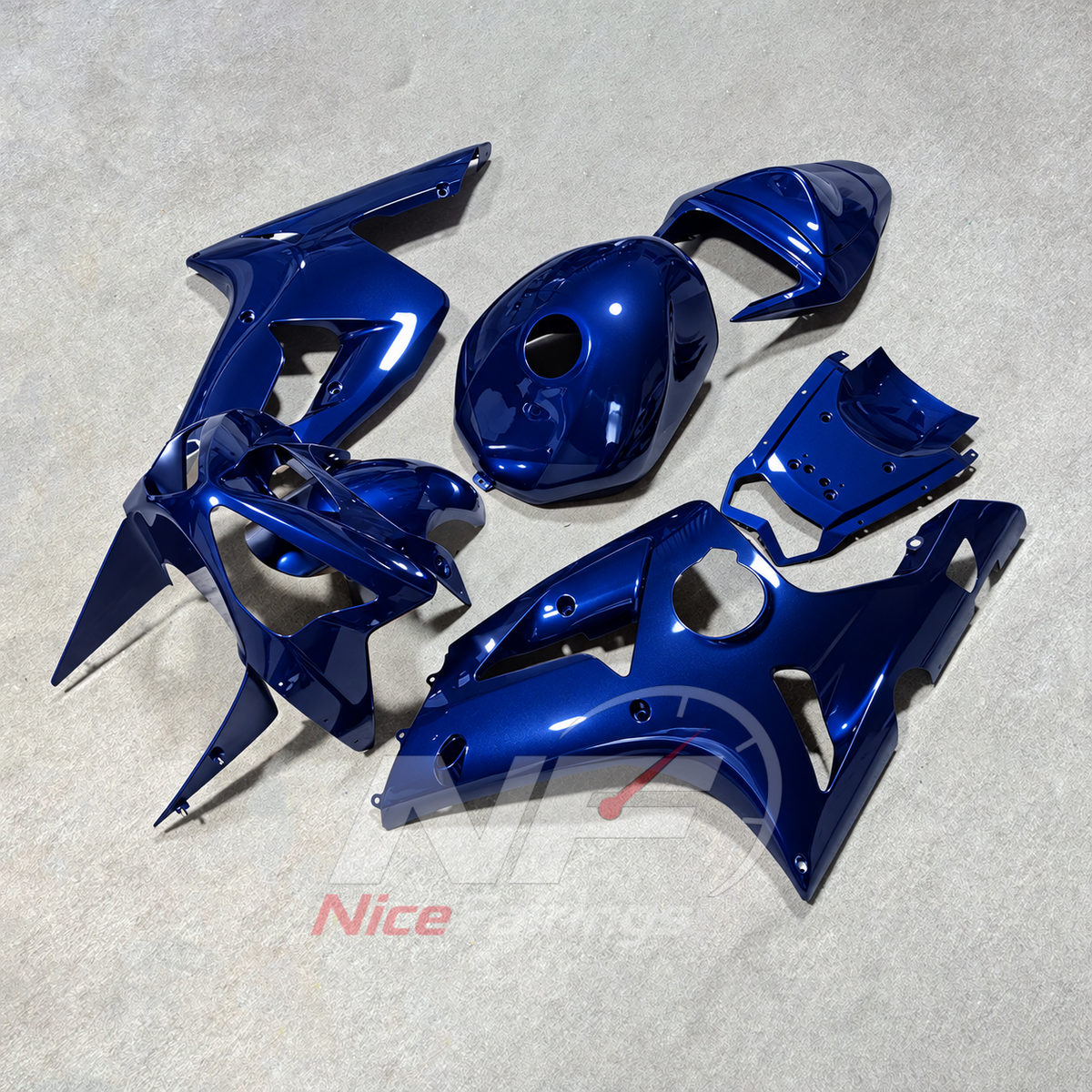 Kawasaki ZX6R 2003-2004 Deep blue fairings with matching blue tank cover - angled view