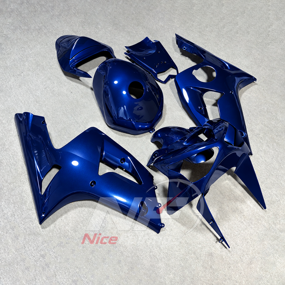 Kawasaki ZX6R 2003-2004 Deep blue fairings with matching blue tank cover - angled view