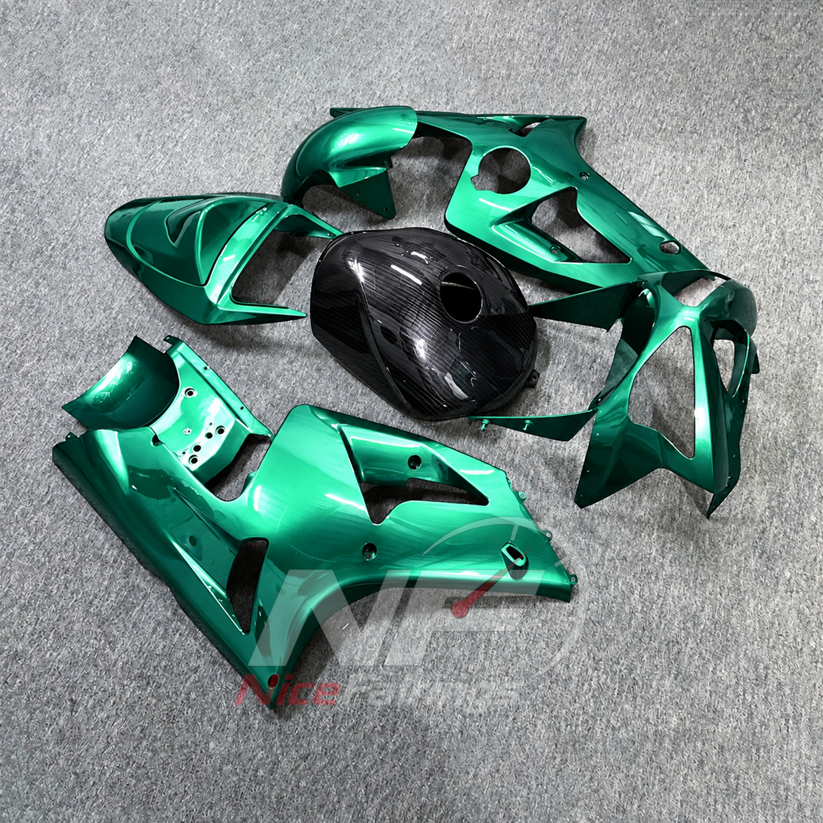 Kawasaki ZX6R 2003-2004 Turquoise green with visible carbon-look tank cover - angled view