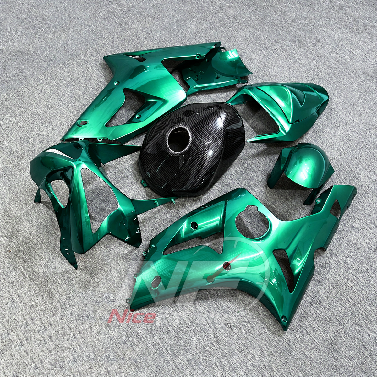 Kawasaki ZX6R 2003-2004 Turquoise green with visible carbon-look tank cover - angled view