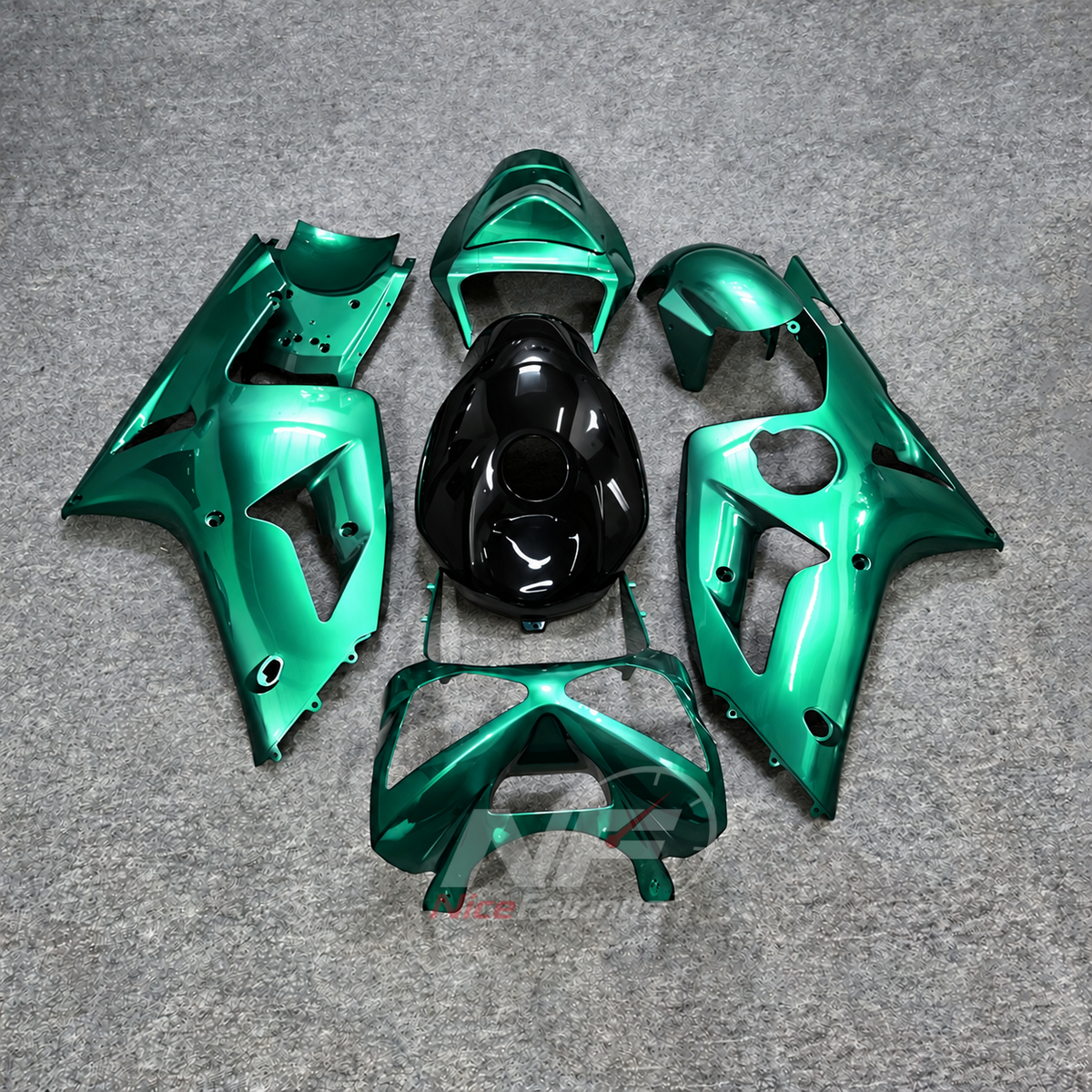 Kawasaki ZX6R 2003-2004 Turquoise-green fairings with carbon-look tank cover - front view