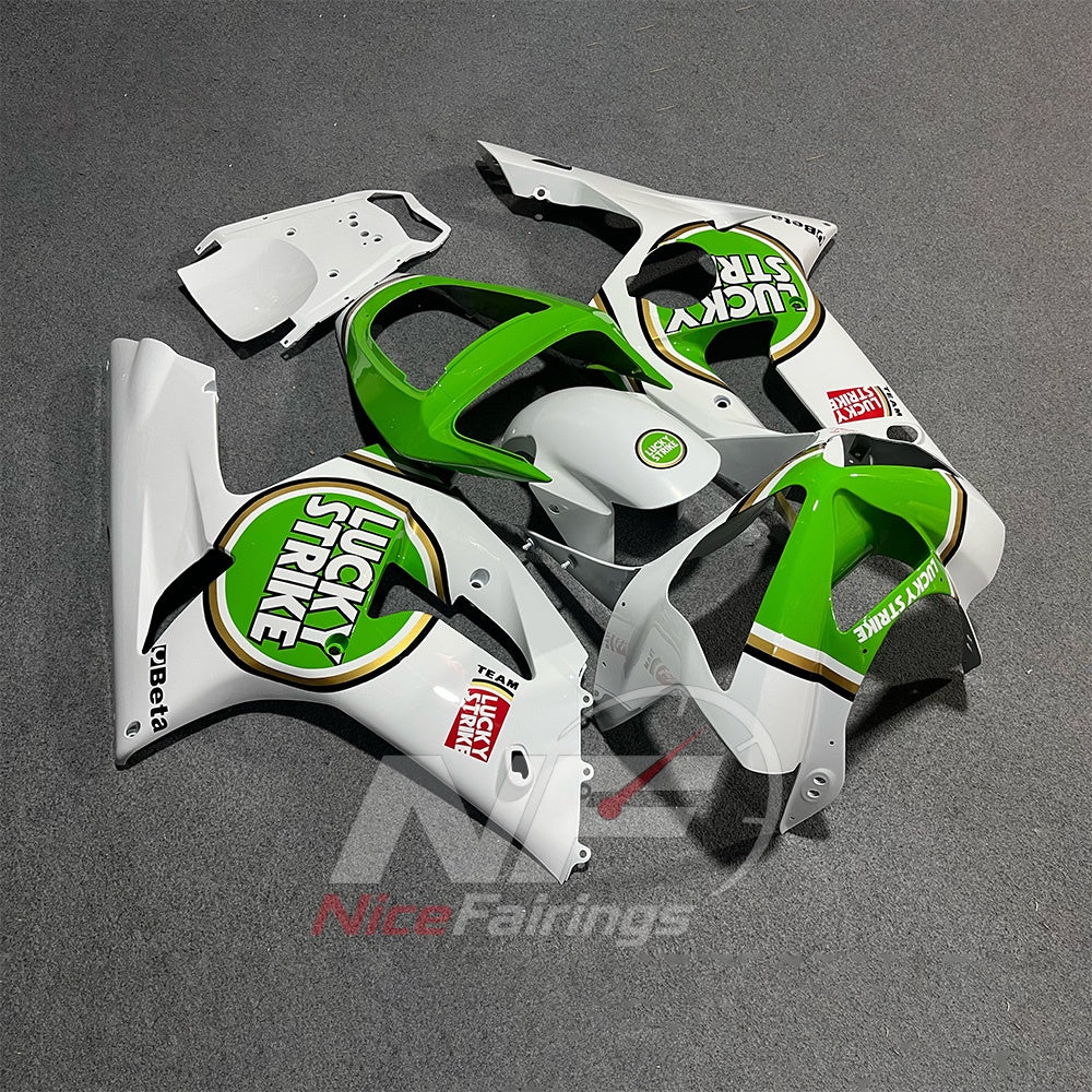 Kawasaki ZX6R 2003-2004 White and green circular-emblem livery - angled view
